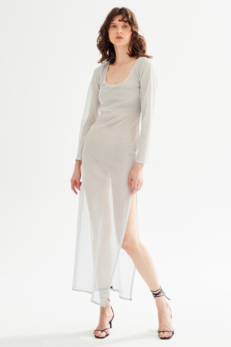 Moda Tutkusu Uzun Kollu Yırtmaçlı Maxi Elbise